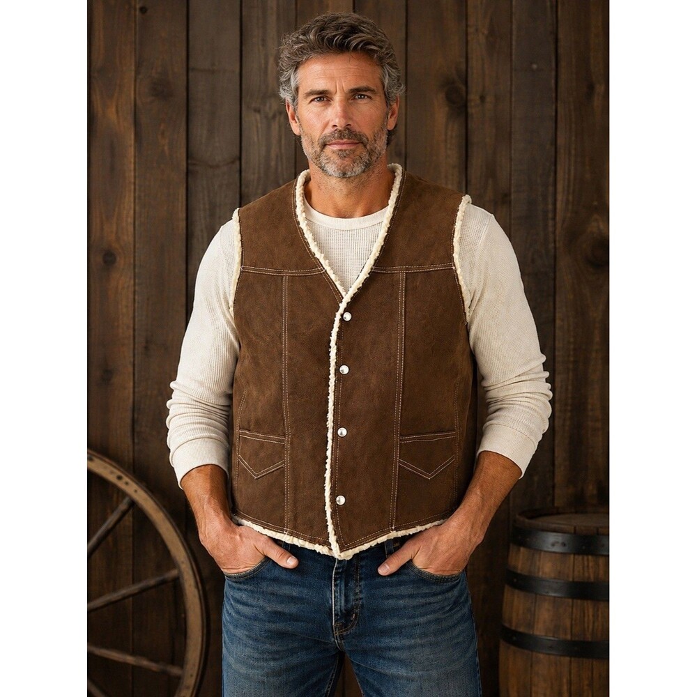 Raphael Brown Suede Vest Polyester Shearling Snap Front Size Tagged 46 Western